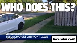 Entitled Tesla Jackass Parks on Stranger's Lawn, Steals Electricity for 12 Hours