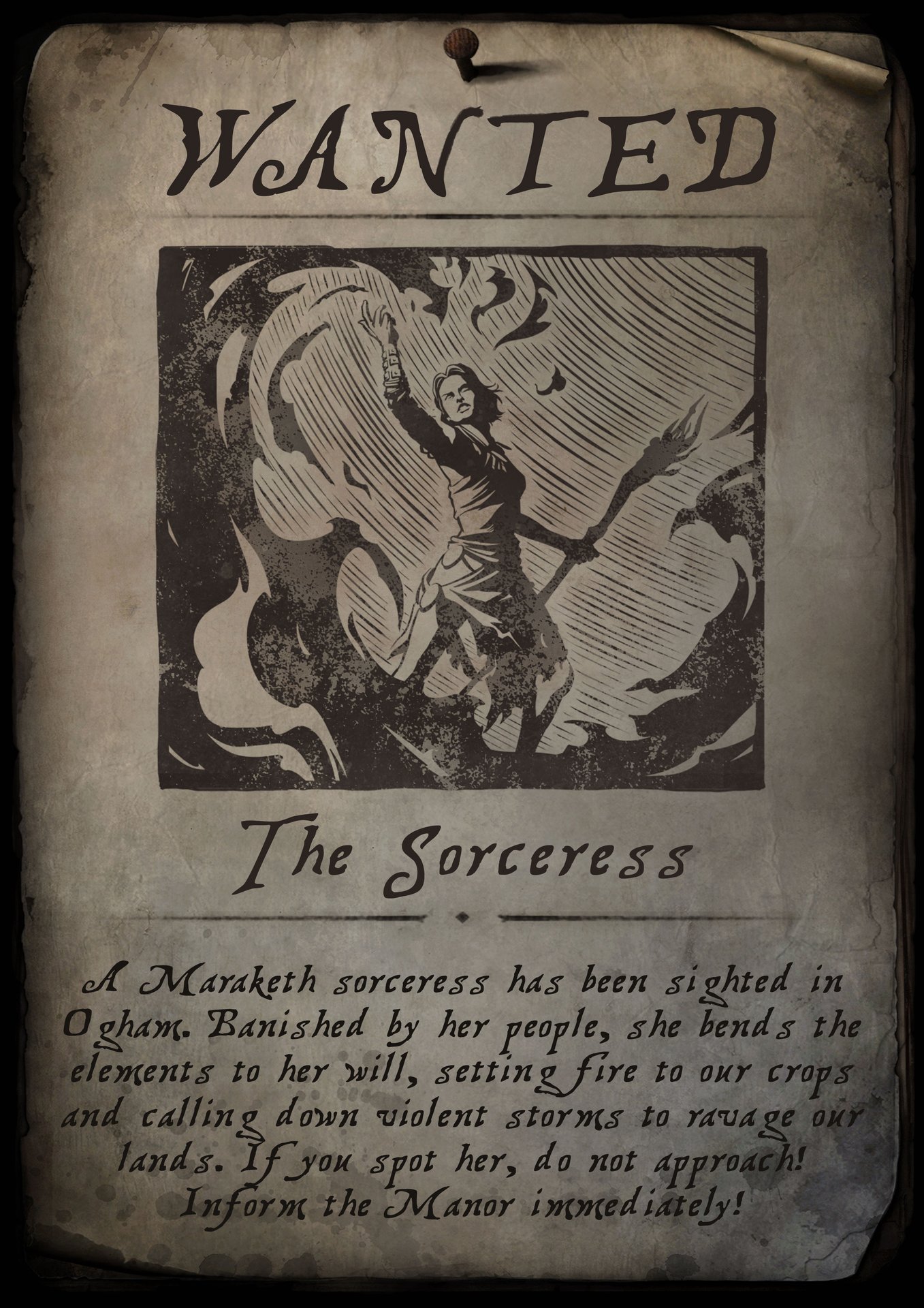 The Sorceress class description from in game wanted poster in in Ogham - Path of Exile 2